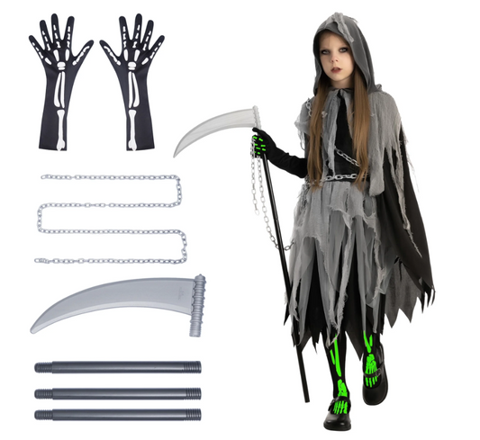 Joyfy Grim Reaper Costume for Kids, Glow in the Dark Grim Reaper Costumes with Gloves and Tights Scary Halloween Costume for Girls & Toddlers Age Up to 14 Years