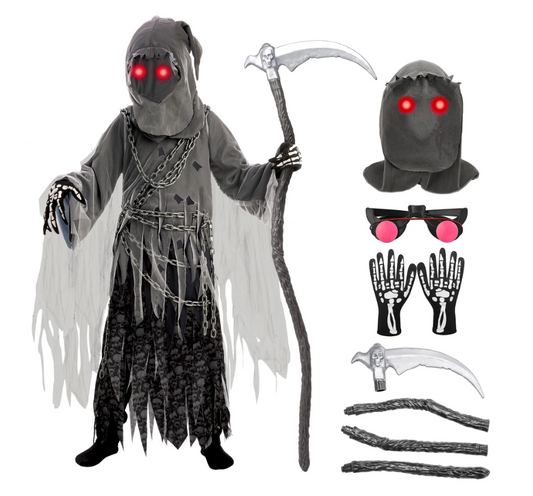 Joyfy Grim Reaper Costume for Kids, Halloween Costume with Glowing Red Eyes for Child Halloween Party Dress Up 8-14 Years