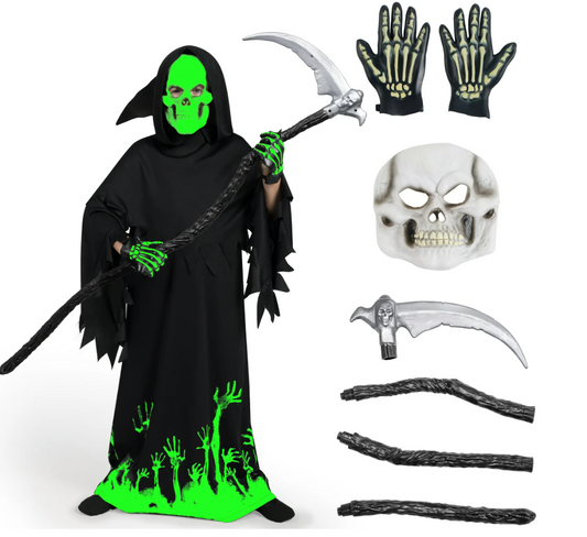 Joyfy Glow in the Dark Grim Reaper Costume for Kids, Phantom Costume for Kids, Halloween Fancy Dress Up 5-14 Years