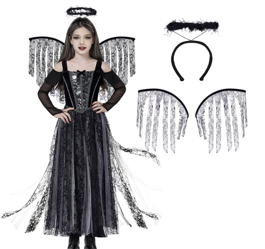 Joyfy Angel Costume for Kids, Angel Black Dress With Wing Headband Halloween Devil Costume Set for Girls Halloween Party Dress Up 8+