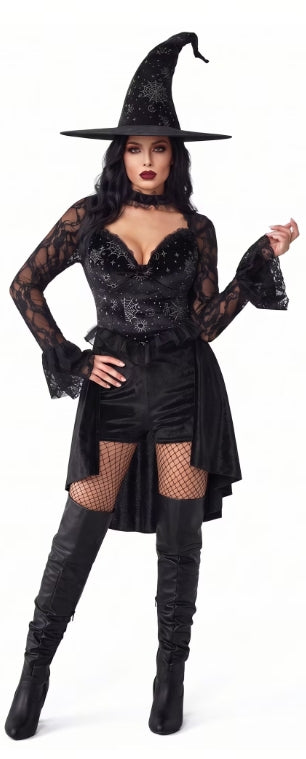Joyfy Witch Costume for Women, Classic Witch Bodysuit with Hat for Adult Halloween Themed Party Cosplay Dress up