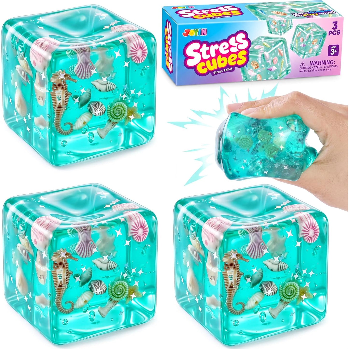 Joyfy 3Pack Ocean Cube Squishy Toys, 2.2 Inch Marine-Themed Miniature Landscape Fidget Stress Relief Toys for Kids and Adults, Squeeze Cubes for Birthday Gifts,Party Favor
