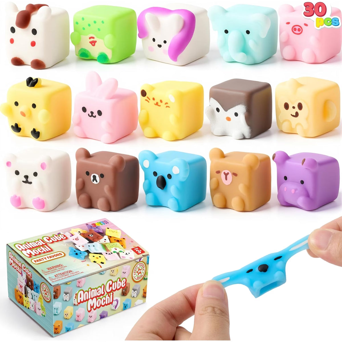 Joyfy 30PC Animal Cube Mochi Squishy Toys, Cute Mini Animal Squishies for Kids, Kawaii Sensory Fidget Toys for Classroom Prizes, Party Favors and Birthday Gifts