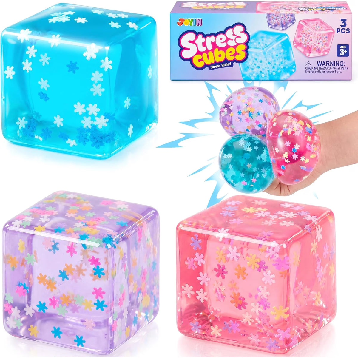 Joyfy 3pcs Stress Balls Ice Cube with Snowflakes Inside, Sensory Squishy Ice Squeeze Toy Fidget Slow Rise Squishy Balls for Kids and Adults