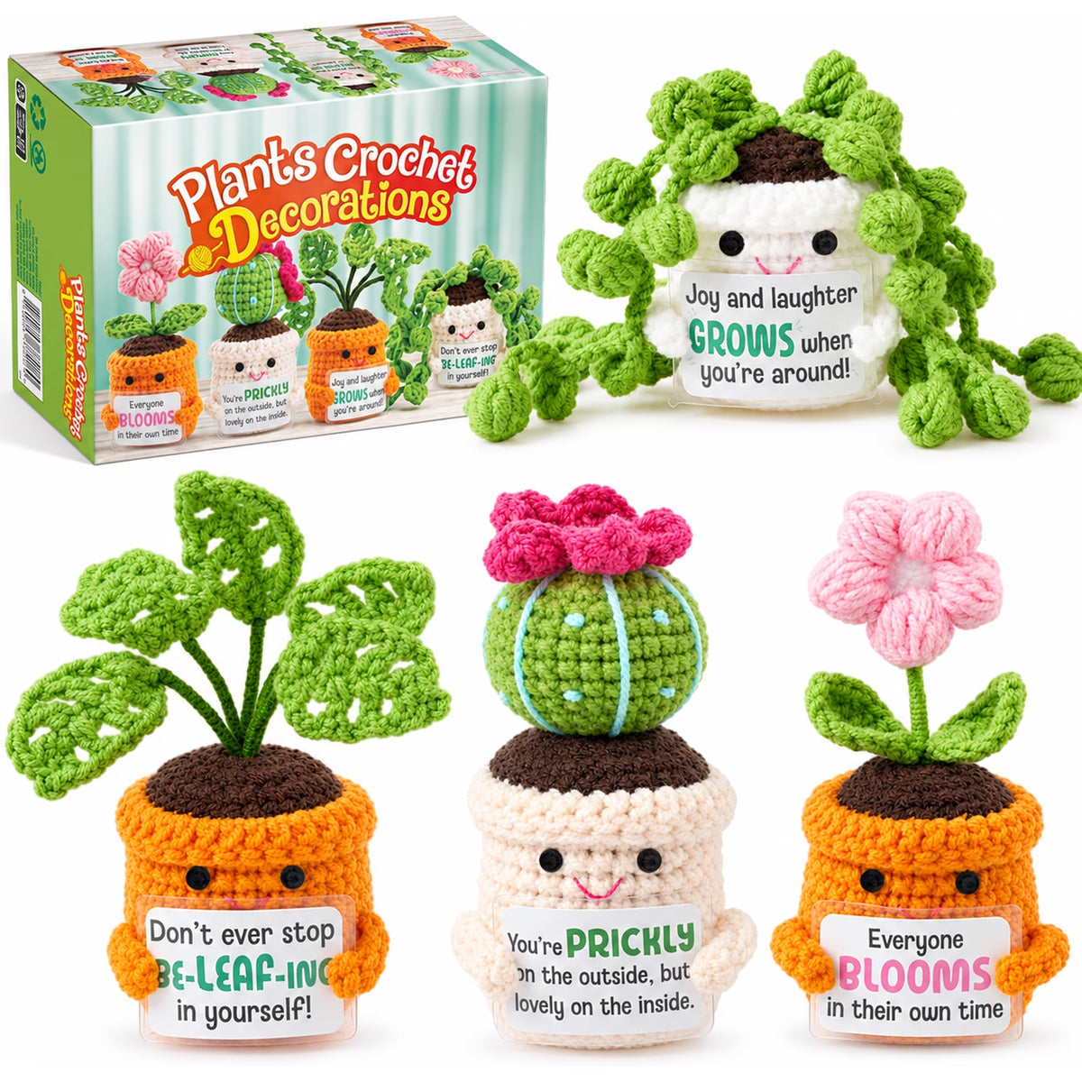 Joyfy 4PCS Crochet Plants, Potted Plant Decorations with Positive Message Cards, Crochet Desk Decor for Adults and Girls Boys, Encouragement Gifts, Party Favors