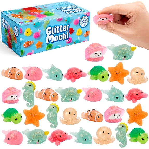Joyfy 30PCS Glitter Mochi Squishy Toys, Mini Sea Animal Fidget Toys for Kids, Sensory Stress Relief Toys for Party Favors, Classroom Prizes, Goodie Bag Stuffers
