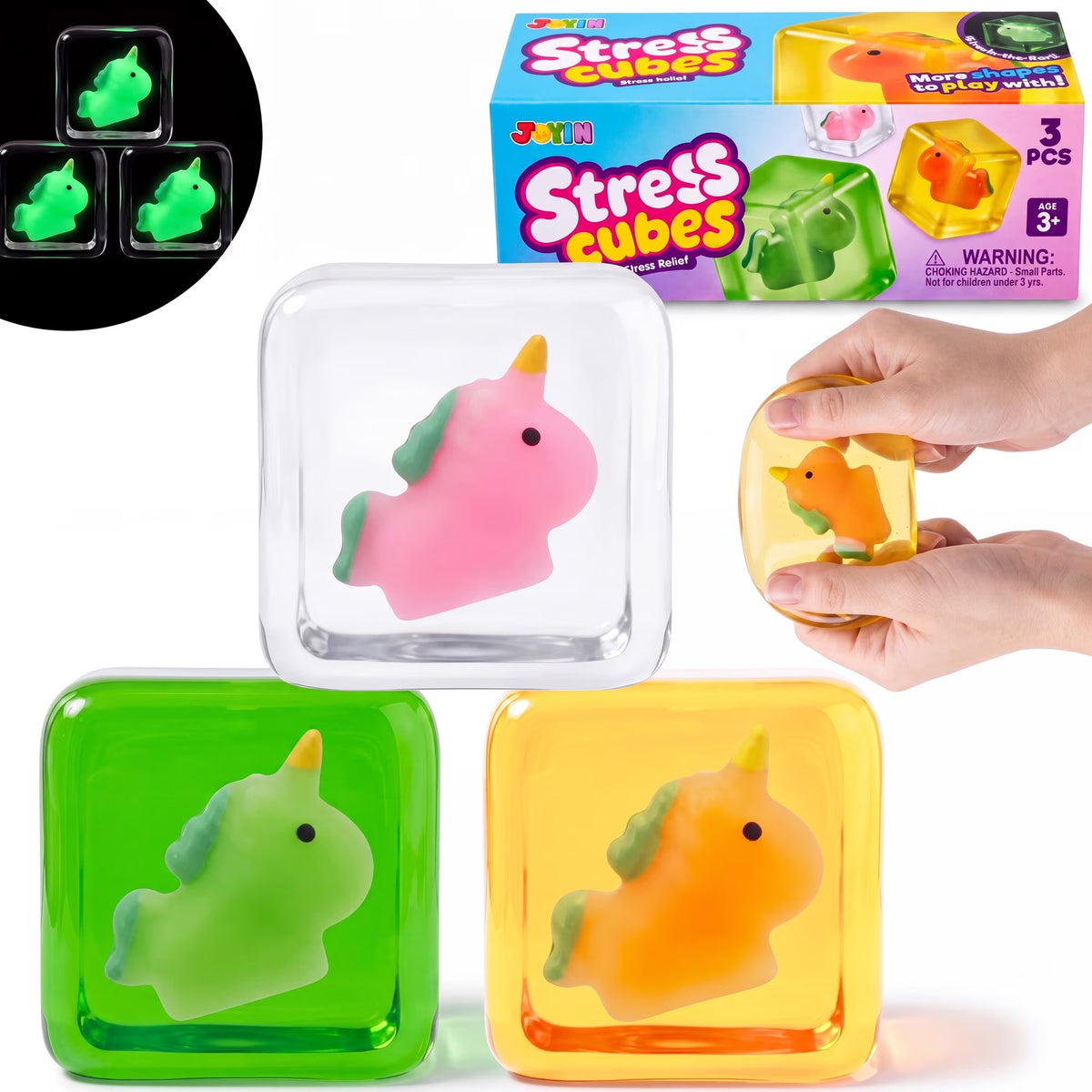 Joyfy Glow in the Dark Cube Squishy Toy, 3PCS Unicorn Stress Relief Toys for Kids and Adults, Squeeze Fidget Sensory Toys for Party Favors and Birthday Gifts