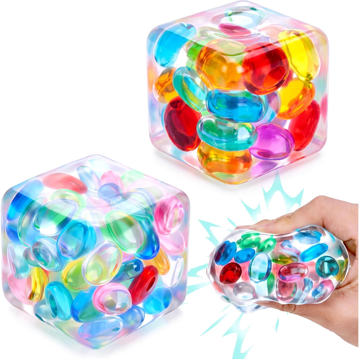 Joyfy 2PCS Colorful Stone Cube Squishy Toys, Sensory Fidget Toys, Stress Relief Squeeze Toys for Kids and Adults, Party Favors and Birthday Gifts