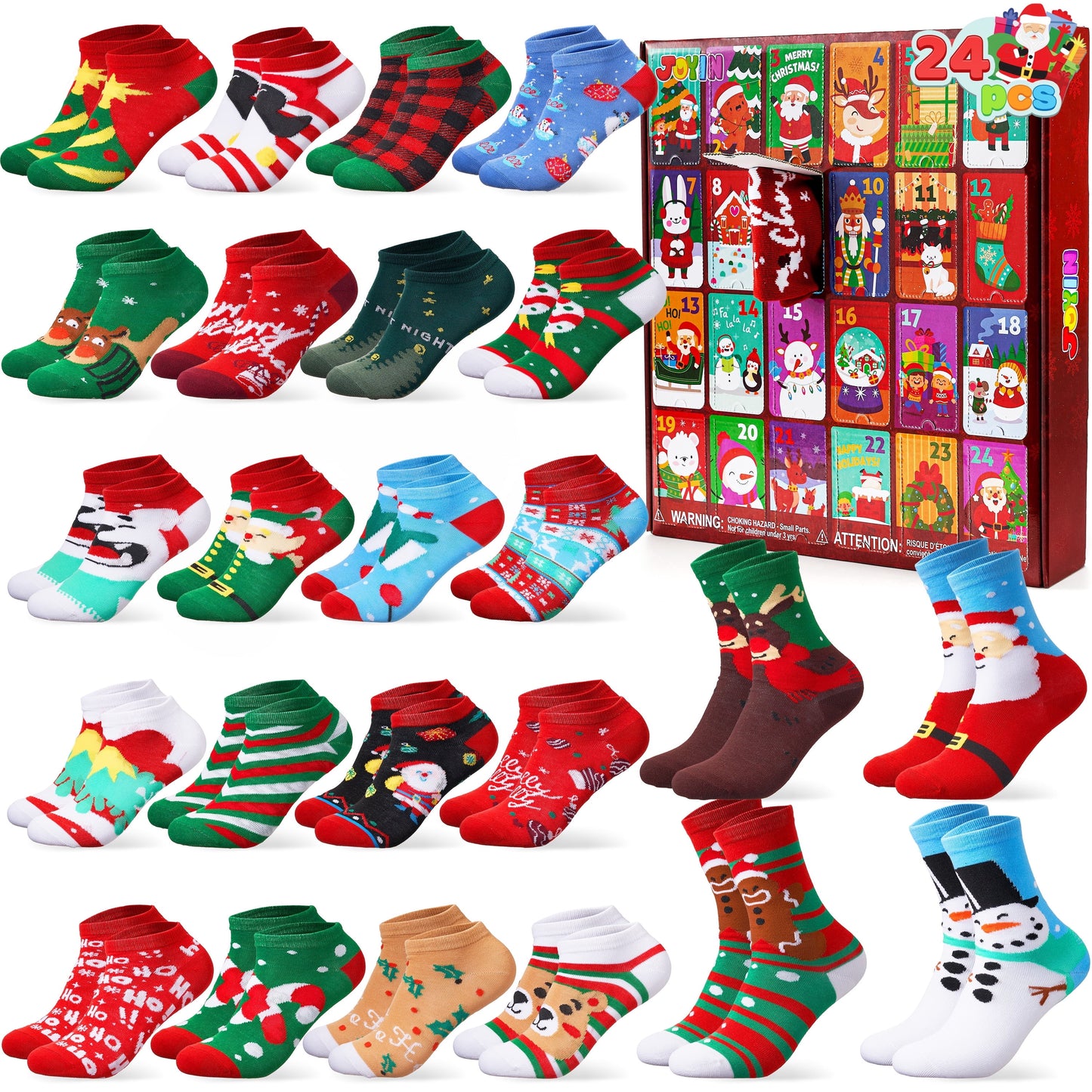 Joyfy 2026 Christmas Advent Calendar Socks Set, 24 Days Cozy Cotton Sock Countdown with 20 Low Cut and 4 Knee High Socks for Adults Holiday Party Favors and Xmas Gifts