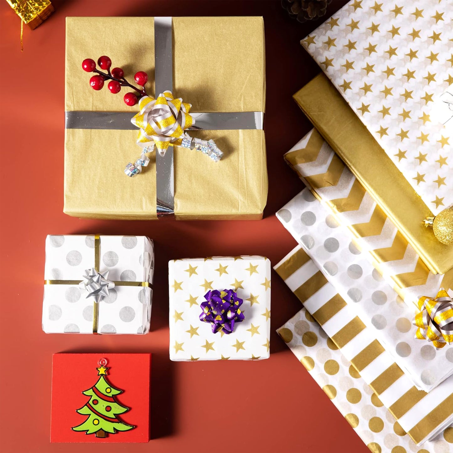 SYNCFUN 150 Sheets Christmas Tissue Paper Assorted Metallic Silver and Gold (20" x 20") Holiday Gift Wrapping for Party Favors Goody Bags, Xmas Presents Wrapping Stocking Stuffers