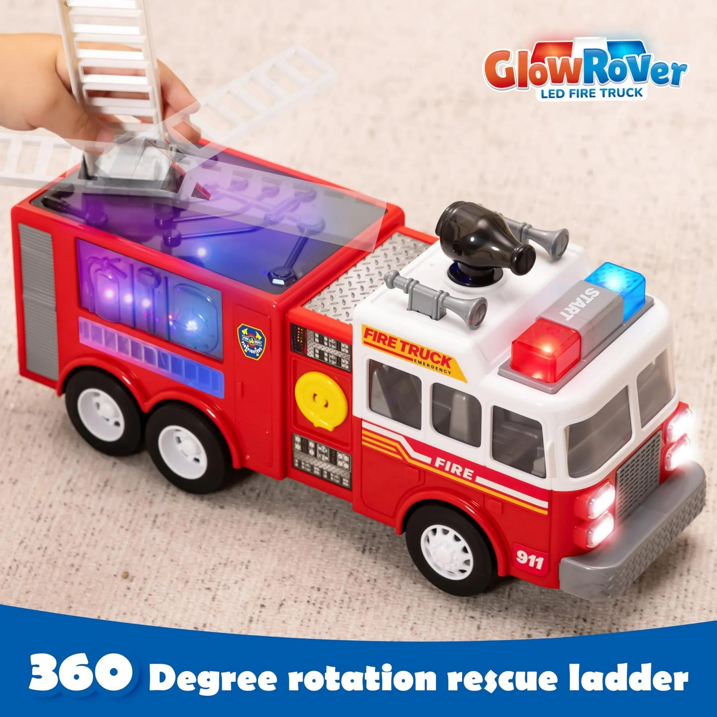 SYNCFUN Fire Truck Toy, Bump and Go Fire Engine Trucks with LED Projections & Sirens, Boys & Girls Firetruck for Kids Birthday
