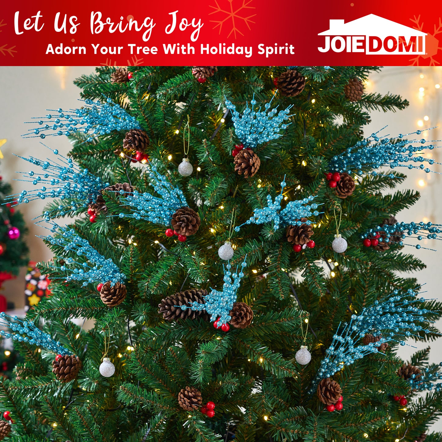 Joyfy 24 Pcs Christmas Tree Berry Stem, 20 Inches Decorative Bead Sticks, Glittery Twigs, Picks, Branches for Christmas Tree, Small Vase, Holiday, Wedding, Party (Light Blue)
