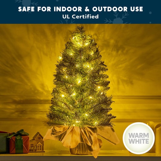 24" Small Christmas Tree with LED Warm Lights, Table Top Christmas Tree Pre-lit Artificial Xmas Tree, Green Mini Tree for Christmas Decorations Indoor Xmas Party Decor