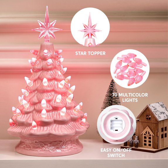 Joyfy 12 Inch Pink Ceramic Christmas Tree,Prelit Ceramic Christmas Tree with Lights and Top Star,Table Top Christmas Tree Decorations,Holiday Tree