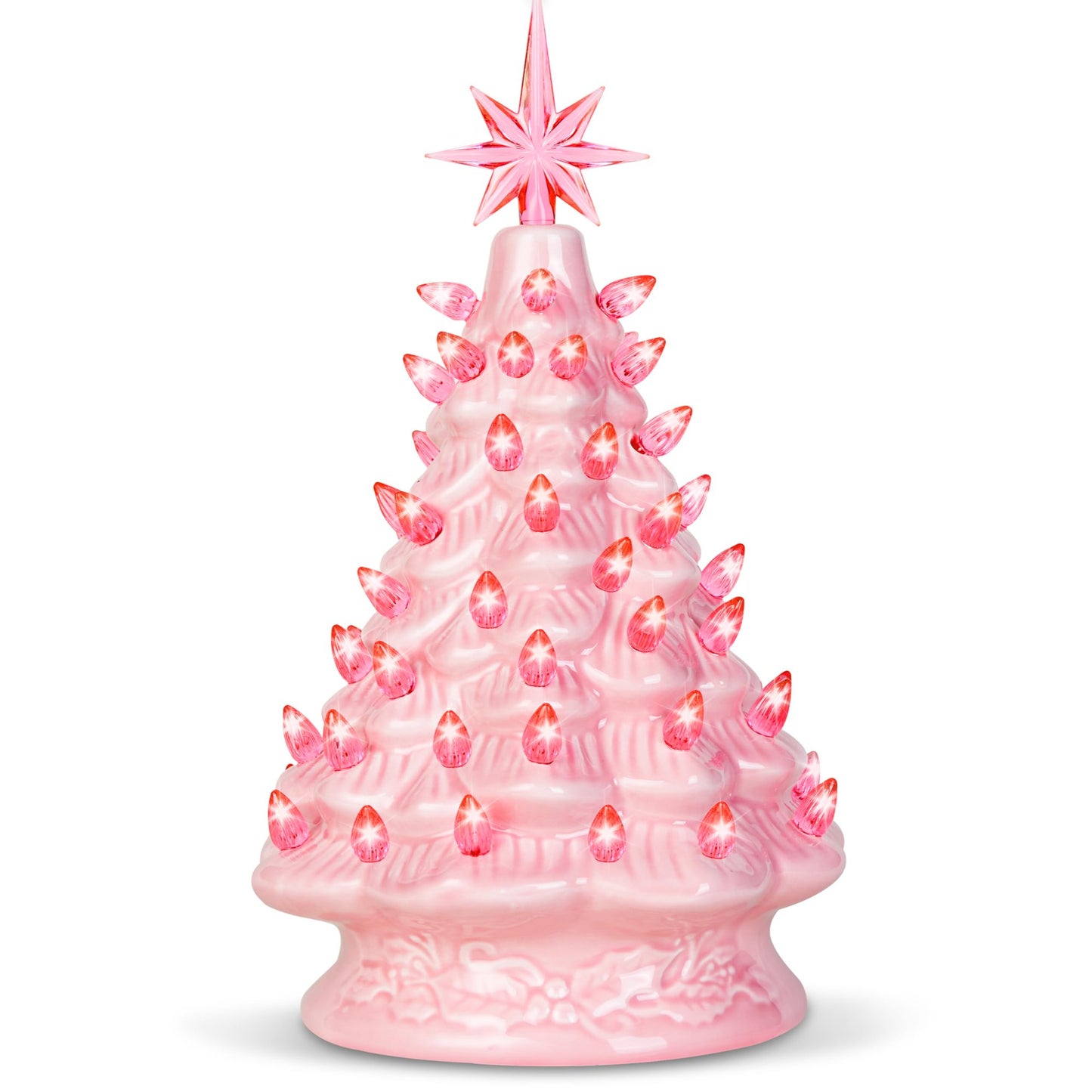 Joyfy 12 Inch Pink Ceramic Christmas Tree,Prelit Ceramic Christmas Tree with Lights and Top Star,Table Top Christmas Tree Decorations,Holiday Tree