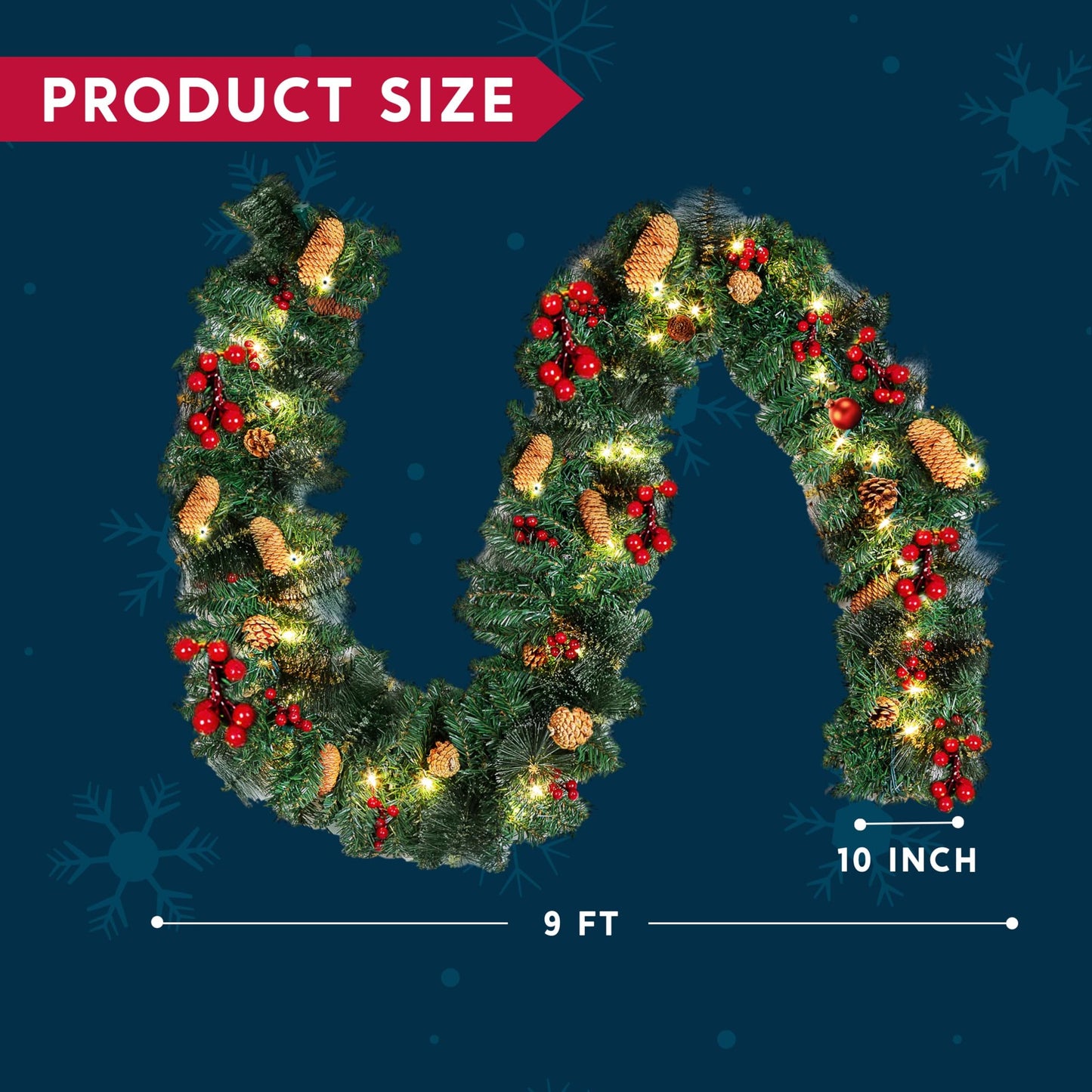 Joyfy 9FT Christmas Garland Prelit with 50 Count String Lights, Pine Cones, Holly Berries for Home Dining Table Mantel Porch Winter Christmas Decor, Plug in Lighted Pine Garland