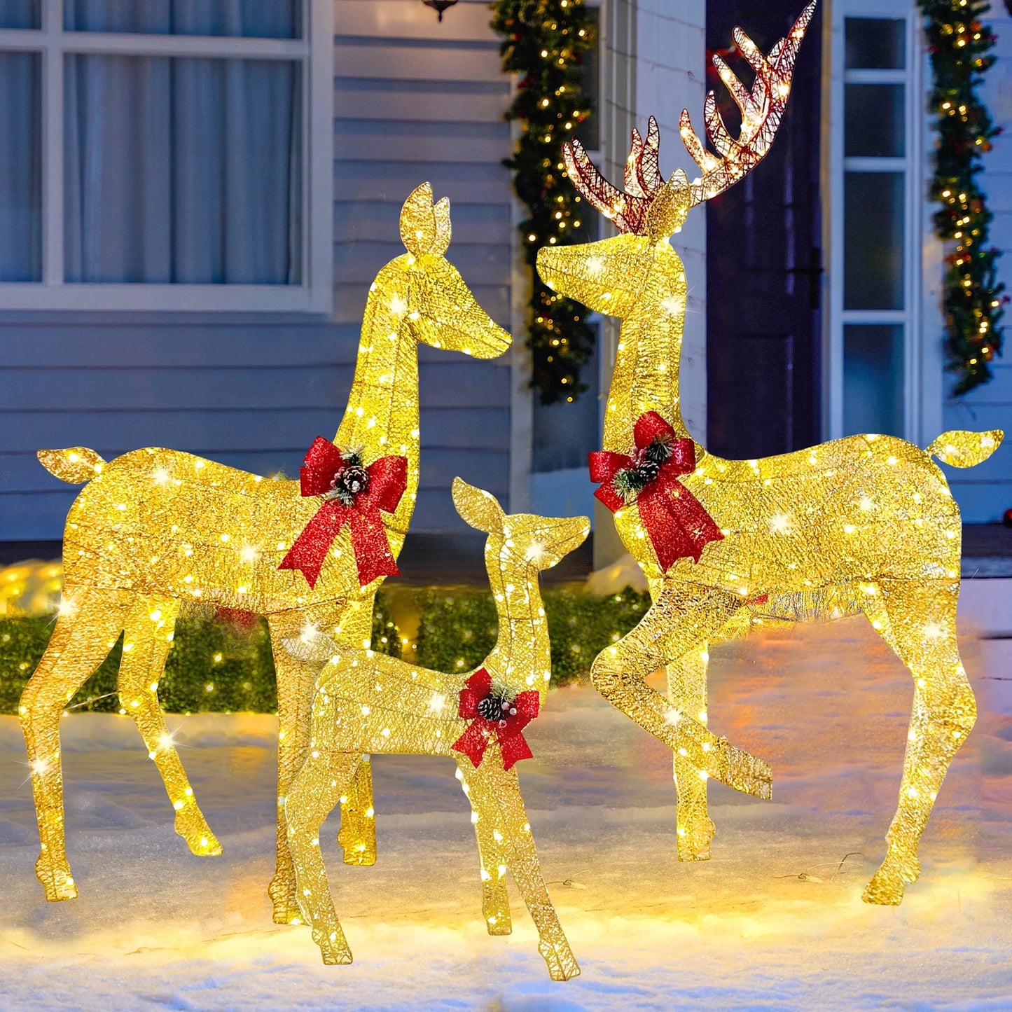 Joyfy 3 Pack Reindeer Christmas Outdoor Yard Light Decorations,360 LED Lights Deer Family for Christmas Outside Lawn Decor,Glod