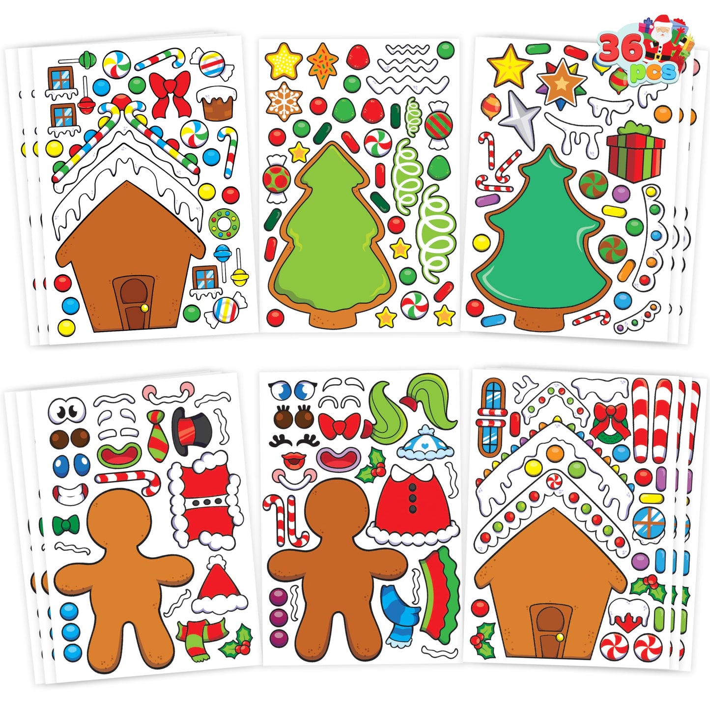 SYNCFUN 36 Pcs Christmas Make-a-face Sticker Sheets for Kids, Make Your Own Christmas Gingerbread Sticker Series and Trees Sticker Sheets for Kids Party Favors Christmas Craft