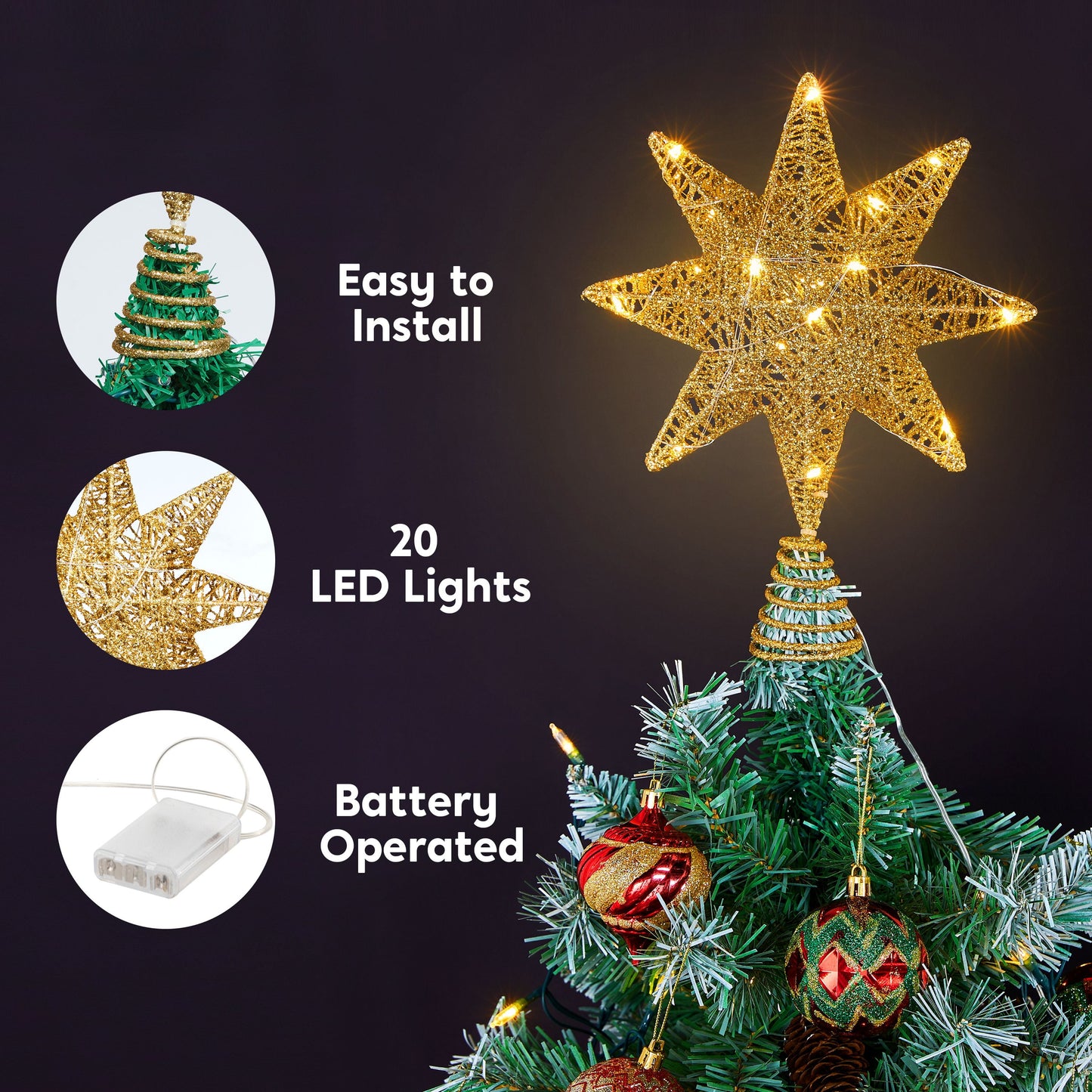 Joyfy Christmas Tree Topper,20 LED Gold Glitter 8-Point Star with Lights,Light Up Tree Topper Christmas Decorations Xmas Tree Decorations
