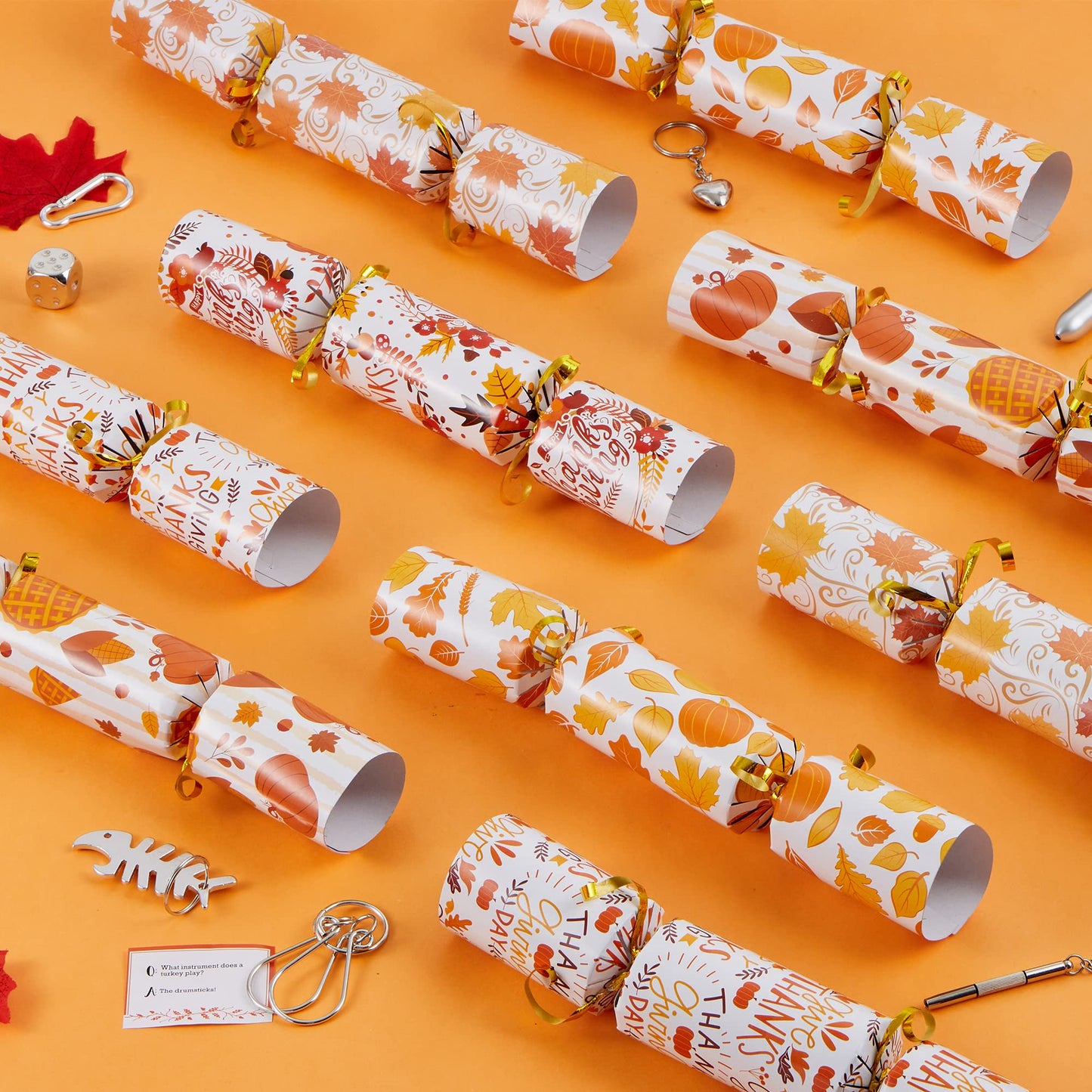 SYNCFUN 10 Pcs Thanksgiving Crackers Party Table Favor, No Snap Fall Leaves&Pumpkins Design, with Party Hat Joke & Little Gift for Xmas Holiday Dinner Traditions