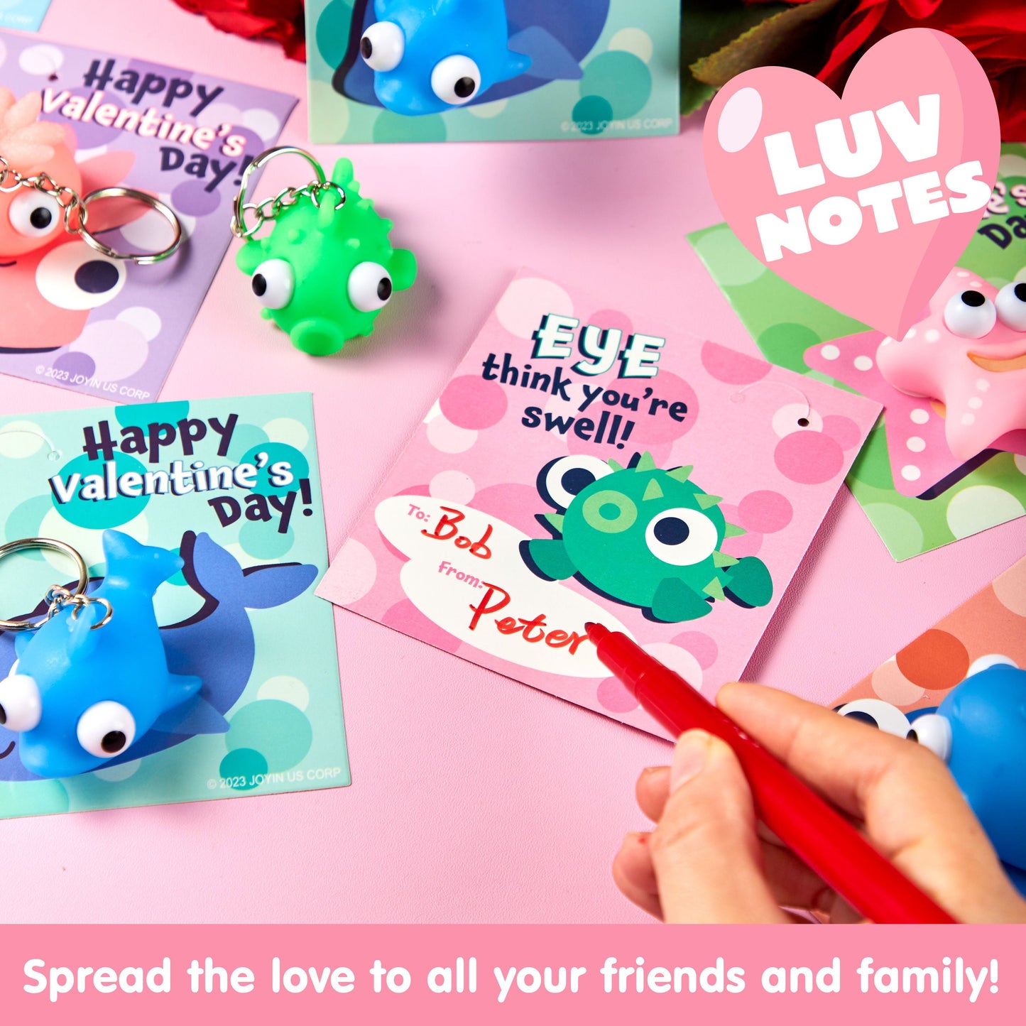 28 Packs Valentine's Day Gift Cards with Sea Animal Unzip Popping Eyes Keychains for Kids Party Favor, Classroom Exchange Gifts, Valentine’s Greeting Cards, Classroom Prizes