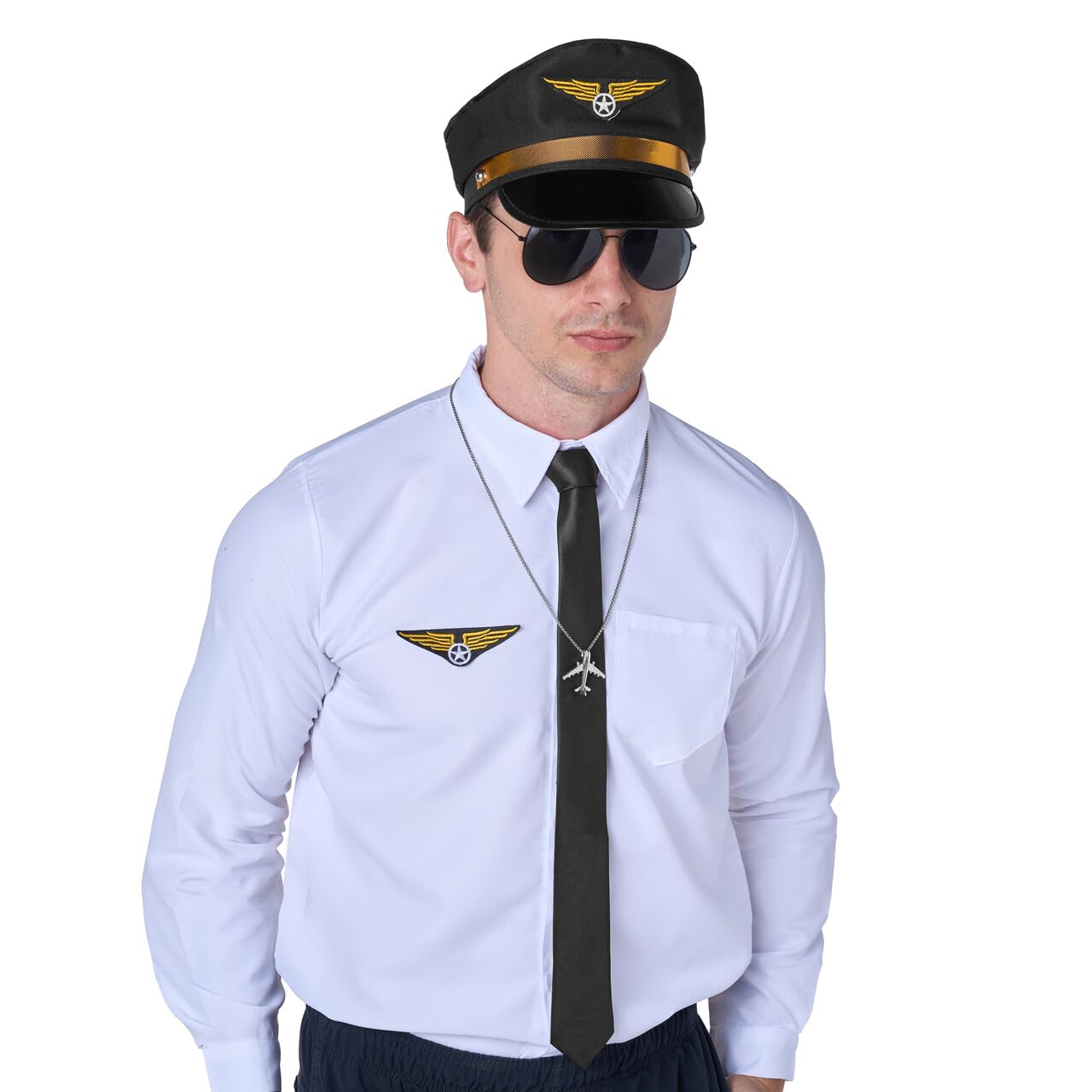 Joyfy 5 Pcs Halloween Pilot Captain Costume Accessories Set with Aviator Sunglasses,Tie,Pilot Hat,Wings Patch and Necklace,Cosplay Accessories for Kids and Adults Dress Up