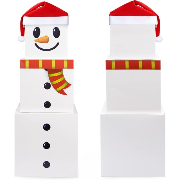 Joyfy 3 Pcs Christmas Snowman Stacking Boxes with Lids and Christmas Hat, Large Decorative Stackable Boxes, Nesting Boxes, Xmas Stackable Gift Box for Christmas Holiday and Winter Decorations