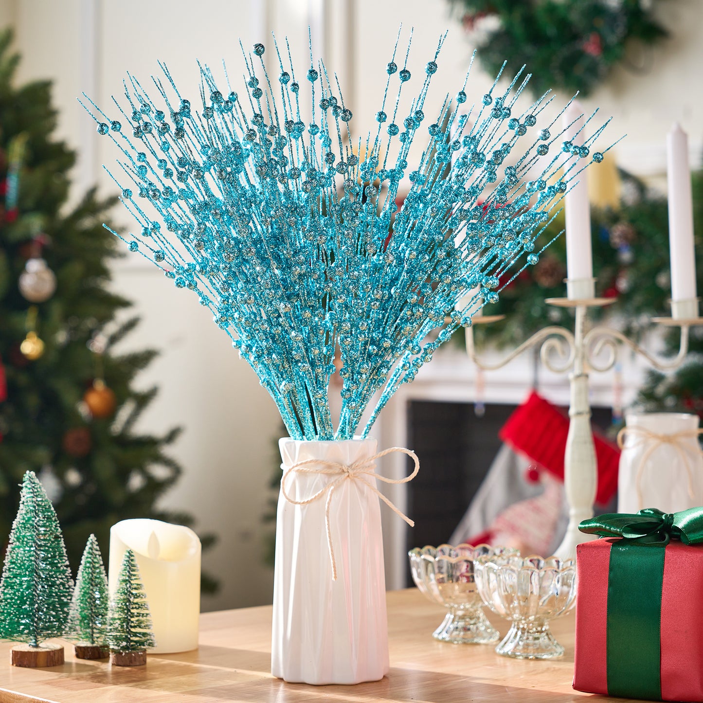 Joyfy 24 Pcs Christmas Tree Berry Stem, 20 Inches Decorative Bead Sticks, Glittery Twigs, Picks, Branches for Christmas Tree, Small Vase, Holiday, Wedding, Party (Light Blue)