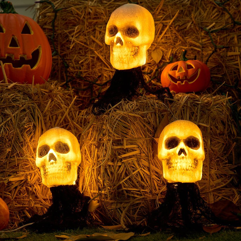 Joyfy 3 Pack Halloween Light up Skeleton Outdoor Decorations,Halloween Graveyard Spooky Skull Stakes Pathway Lights for Halloween Yard Decor
