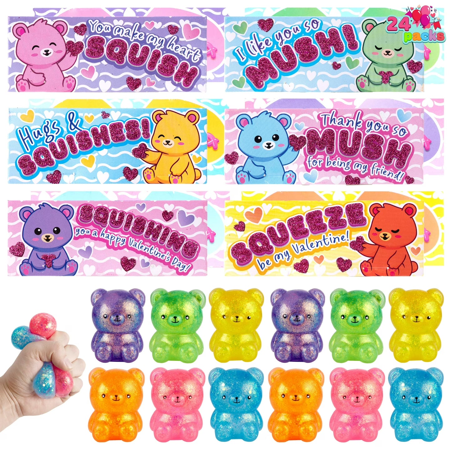 Joyfy 24 Packs Valentines Foam Squishy Toys for Kids, Fun Gifts Stress Relief Fidget Toys for Valentine Party Favors, School Class Exchange Cards