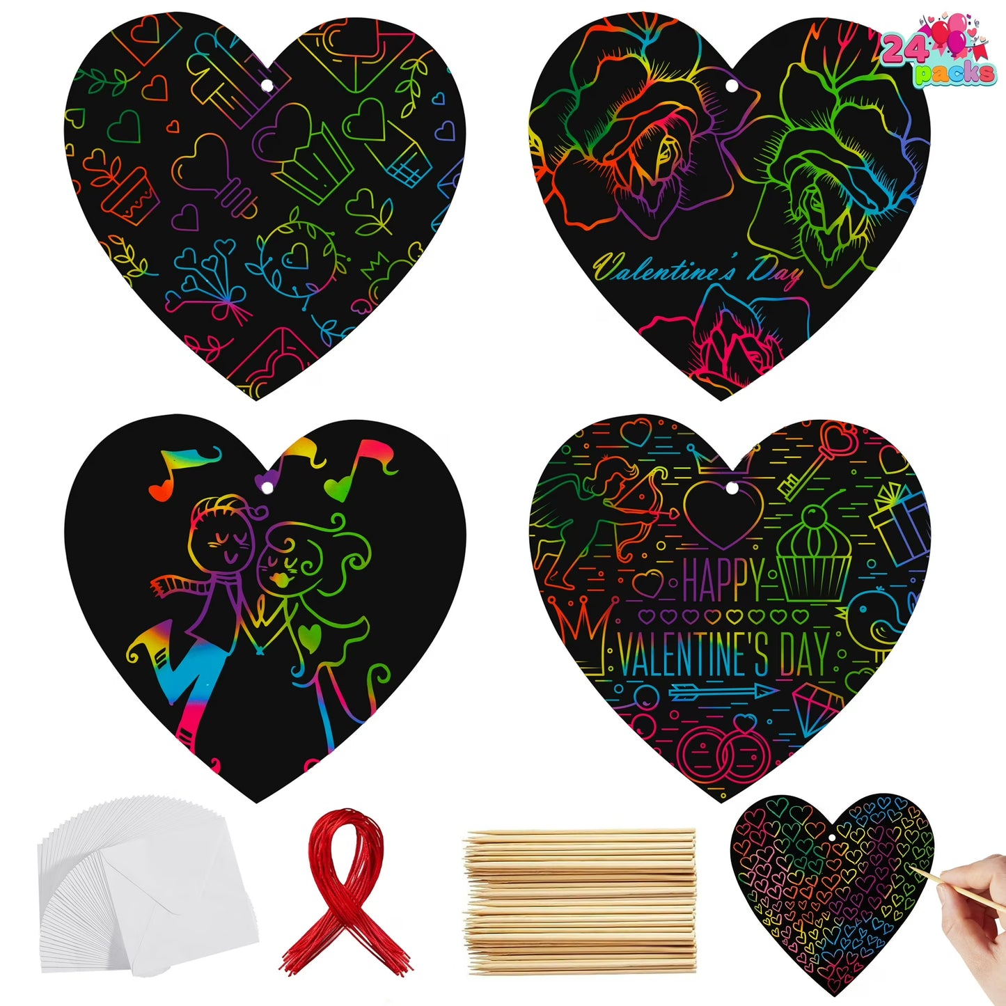 Joyfy 24 Packs Valentines Day Gifts for Kids, Classroom DIY Rainbow Scratch-Off Paper Cards for School Class Exchange Kids Valentines Crafts