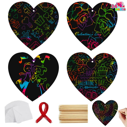 Joyfy 24 Packs Valentines Day Gifts for Kids, Classroom DIY Rainbow Scratch-Off Paper Cards for School Class Exchange Kids Valentines Crafts