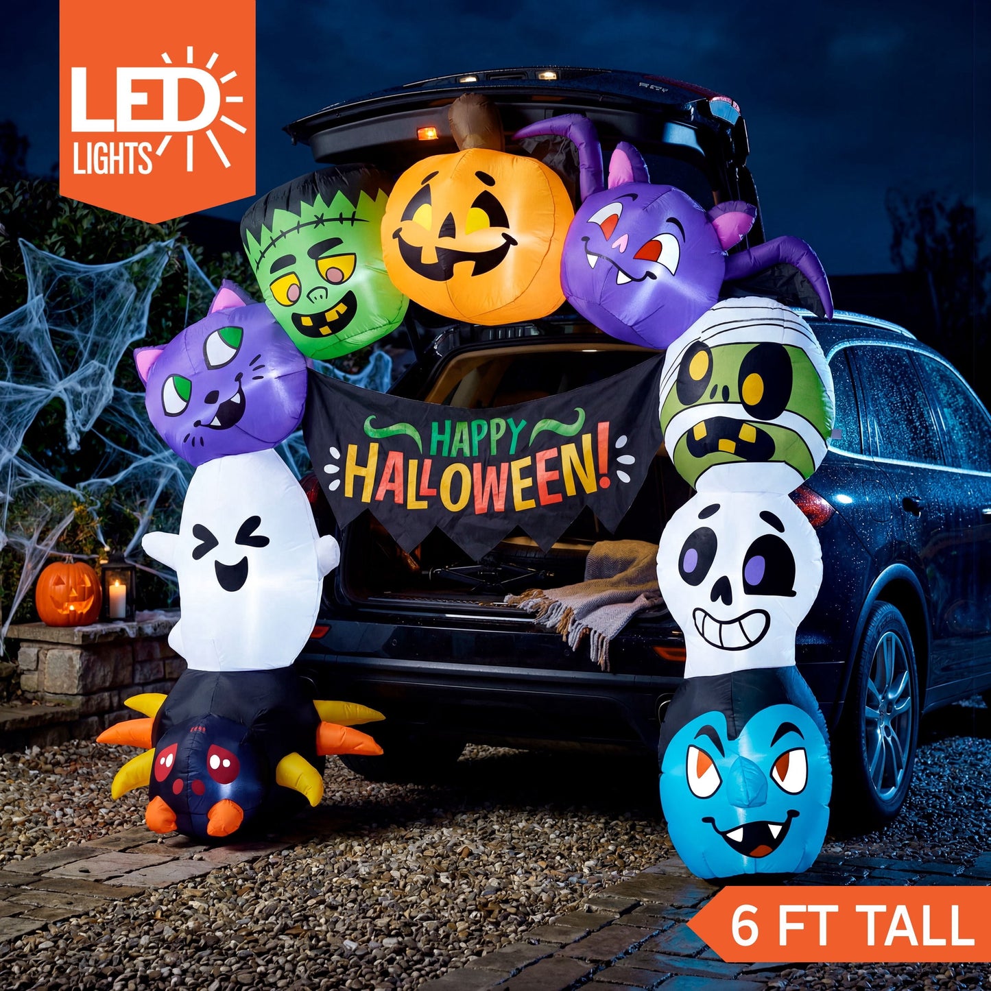 Joyfy 6 ft Halloween Inflatable Archway Decoration with Multi Characters,Trunk or Treat Car Decorations Kit Archway with Built in LED Light for Halloween Party,Outdoor,Yard,Garden Decor