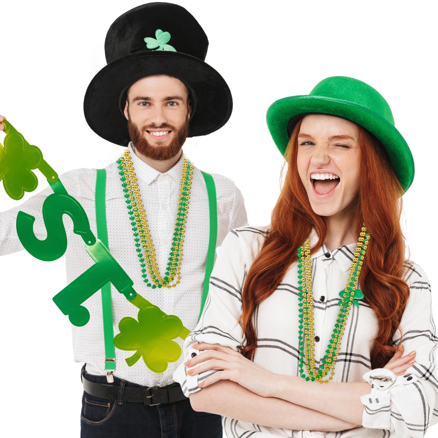 24 St. Patrick's Day necklace set, 8 green bead necklaces, 8 gold bead necklaces