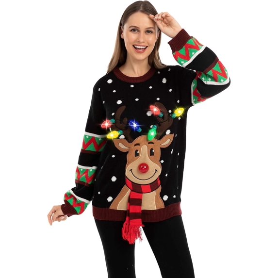 Joyfy Women's LED Light Up Christmas Sweater, Reindeer Christmas Ugly Sweater with Light Bulbs - Black