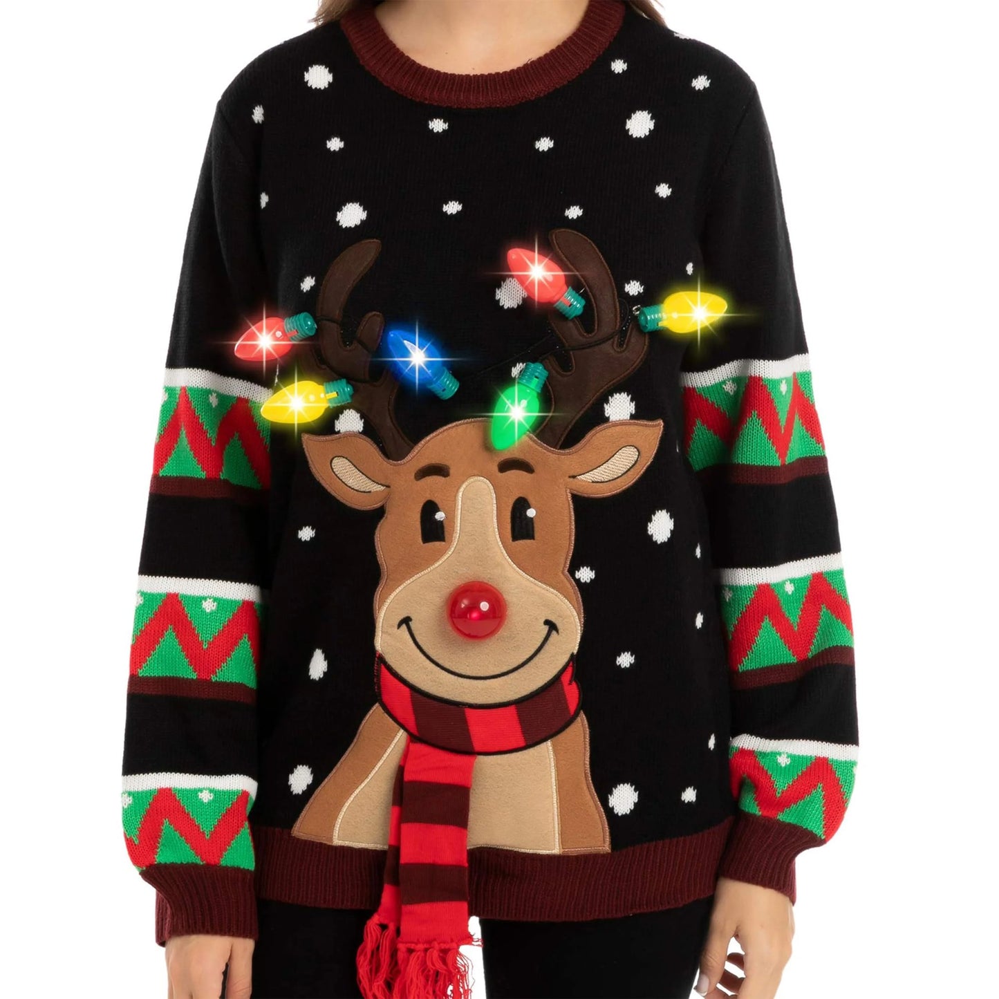 Joyfy Women's LED Light Up Christmas Sweater, Reindeer Christmas Ugly Sweater with Light Bulbs - Black