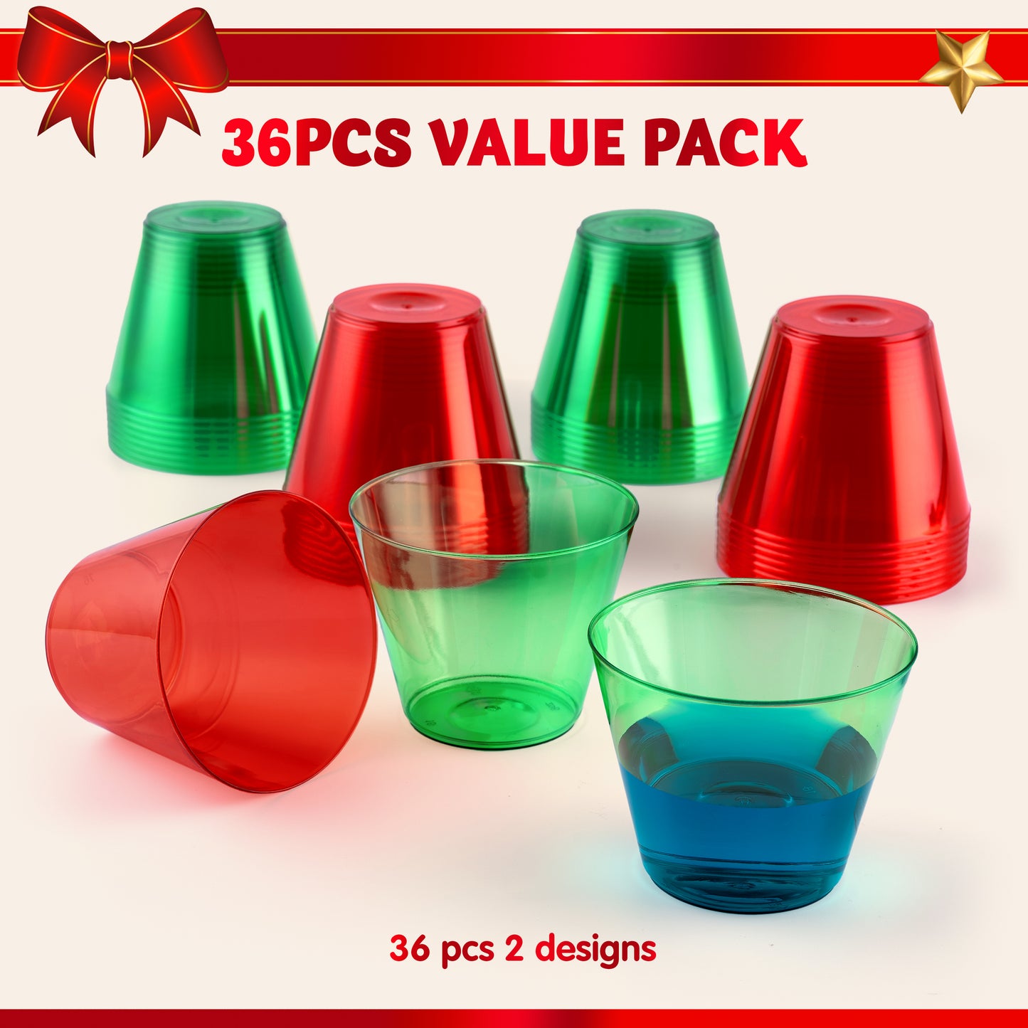 Joyfy 36 Pcs Clear Disposable Plastic Cups, 9 OZ Christmas Red and Green Plastic Drinking Cups, Plastic Wine Glasses for Xmas Party Supplies, Wedding, Thanksgiving, Birthday, Holiday, New Year