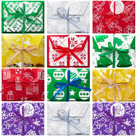 Joyfy 36 Christmas Foil Card Gift Boxes Holder with Ribbon, Christmas Holiday Square Gift Card Box, Christmas Decorative Wrapped Gift Card Money Box for Envelopes Stocking Stuffers