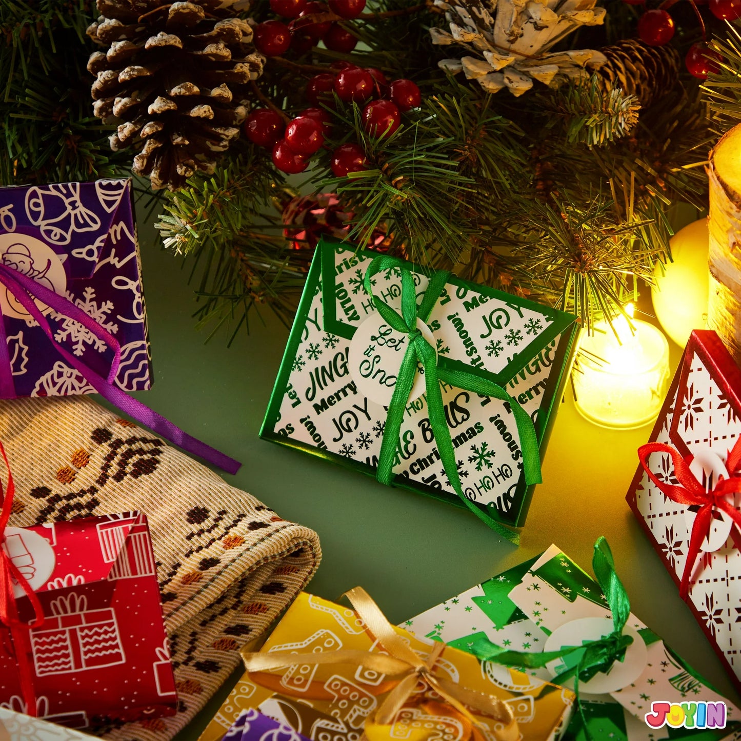 Joyfy 36 Christmas Foil Card Gift Boxes Holder with Ribbon, Christmas Holiday Square Gift Card Box, Christmas Decorative Wrapped Gift Card Money Box for Envelopes Stocking Stuffers