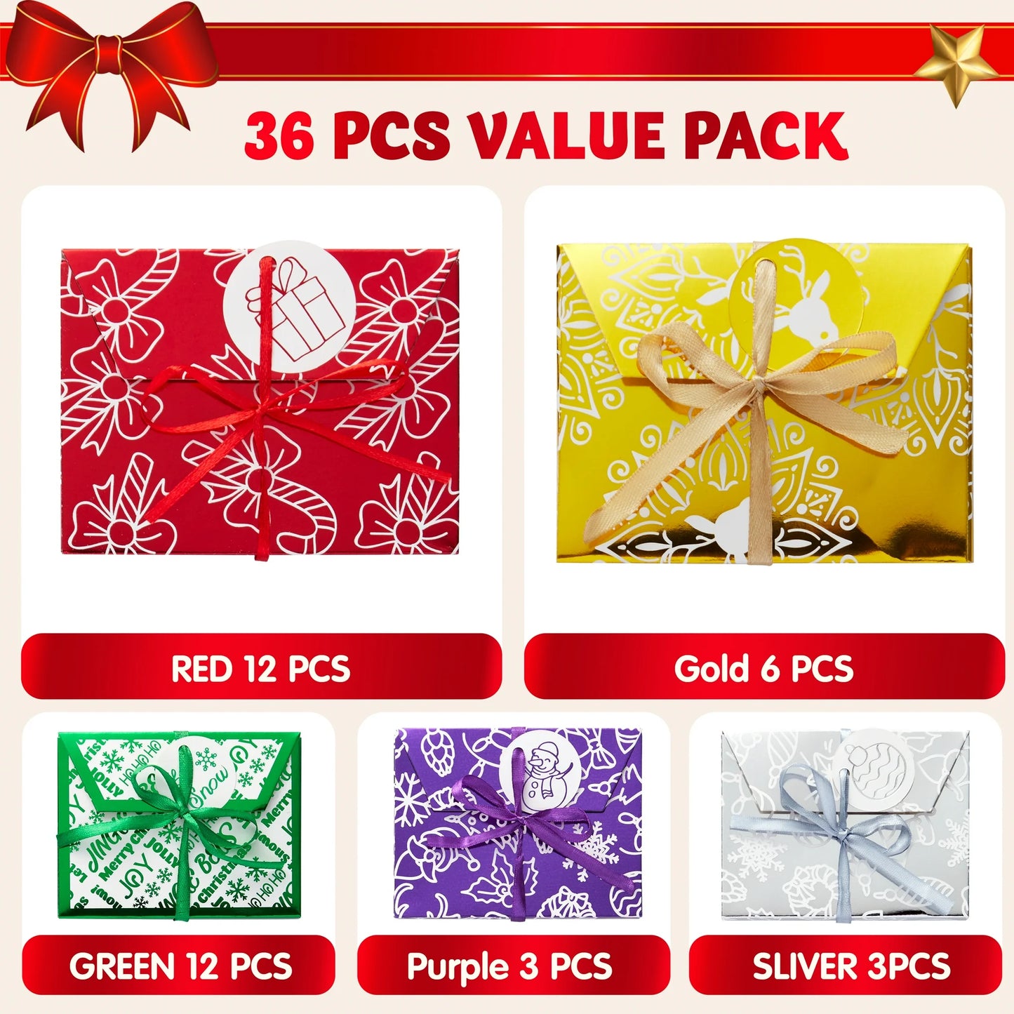 Joyfy 36 Christmas Foil Card Gift Boxes Holder with Ribbon, Christmas Holiday Square Gift Card Box, Christmas Decorative Wrapped Gift Card Money Box for Envelopes Stocking Stuffers