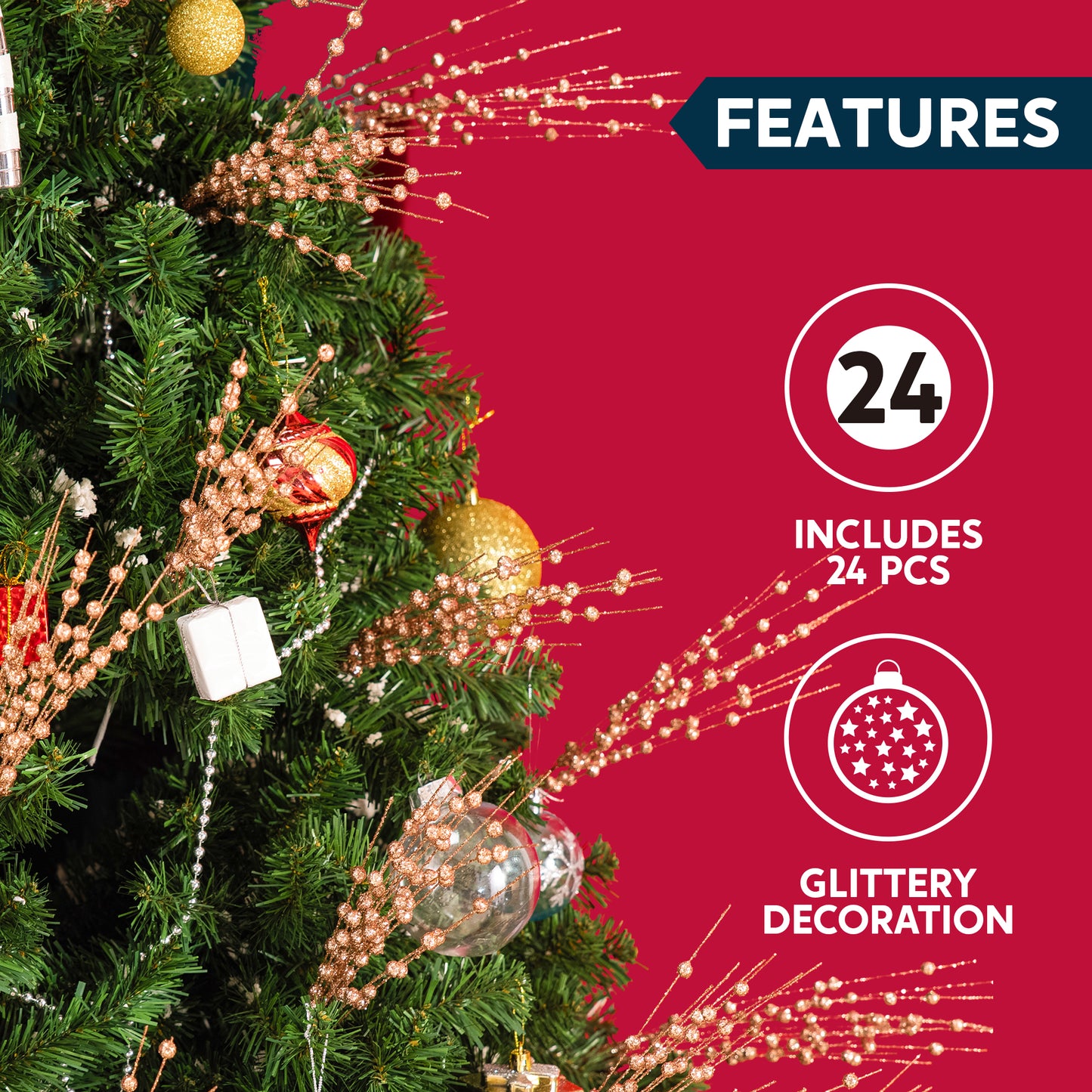 Syncfun 24 Pcs Christmas Tree Berry Stem, 20 Inches Decorative Bead Sticks, Glittery Twigs, Picks, Branches for Christmas Tree, Small Vase, Holiday, Wedding, Party (Rose Gold)