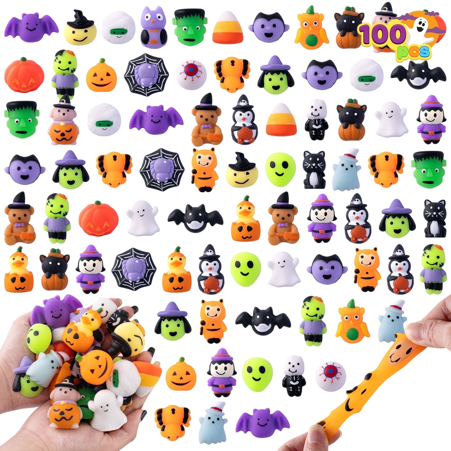Joyfy 100 Pcs Halloween Mochi Squishy Toys,Squishy Toys Halloween Classroom Favors Prizes Party Favors,Claw Machine Filler,Stress Relief Toys