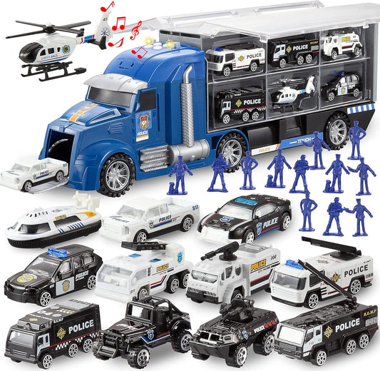Syncfun 25 in 1 Die-cast Police Rescue Truck Car Toy Set with Sounds and Lights, Mini Police Vehicles in Carrier Truck, Play Police Patrol Rescue Vehicle Toy, Birthday Gifts for Over 3 Years Old Boys