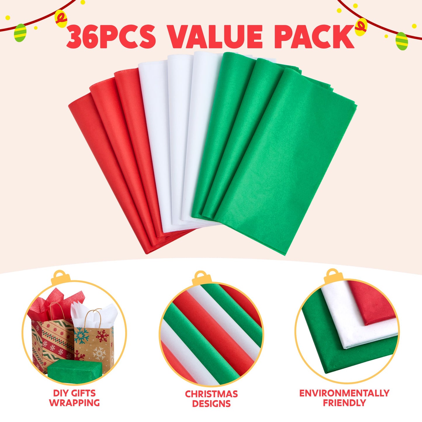 Joyfy 36 Sheets of Christmas Tissue Paper (Red, Green, and White), 20" x 20" Wrapping Paper for Christmas Party Supplies, DIY Gift Wrap Decorations