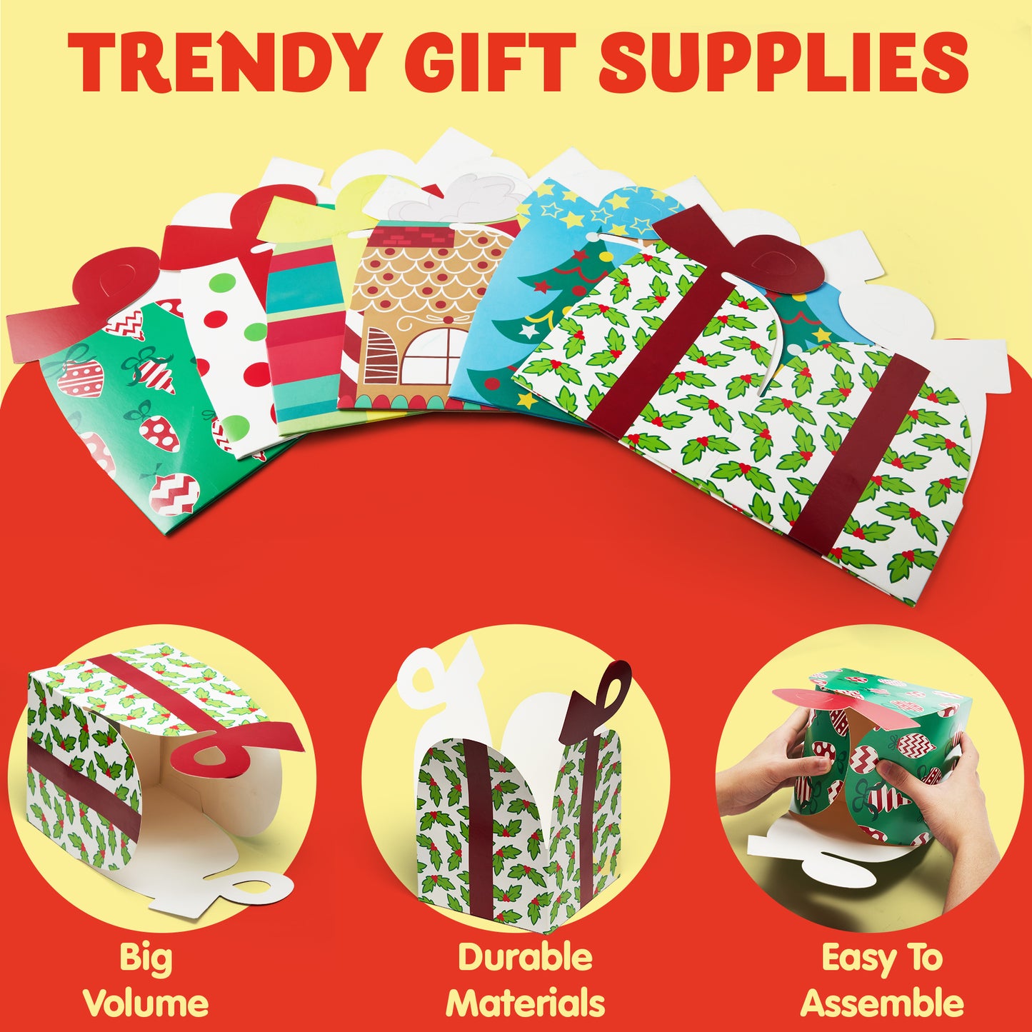 Joyfy 24 Pcs 3D Christmas Goody Gift Boxes with Bow for Holiday Xmas Goodie Paper Boxes, School Classroom Party Favor Supplies, Candy Treat Cardboard Cookie Boxes