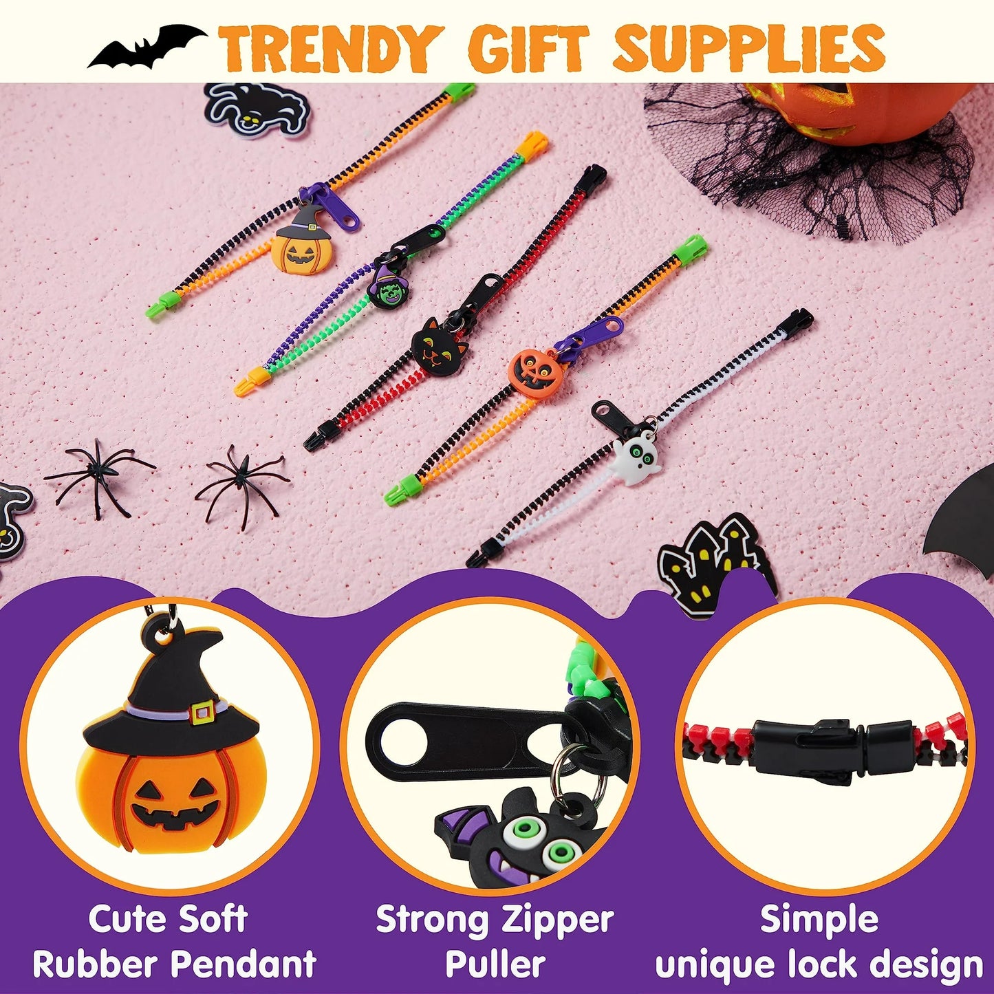 Joyfy 60 Pcs Halloween Zipper Bracelets Toys,Halloween Zipper Wristbands Toys Bulk for Party Favors,Halloween Goody Bag Fillers,Halloween Stretchy Toys for Classroom Prizes