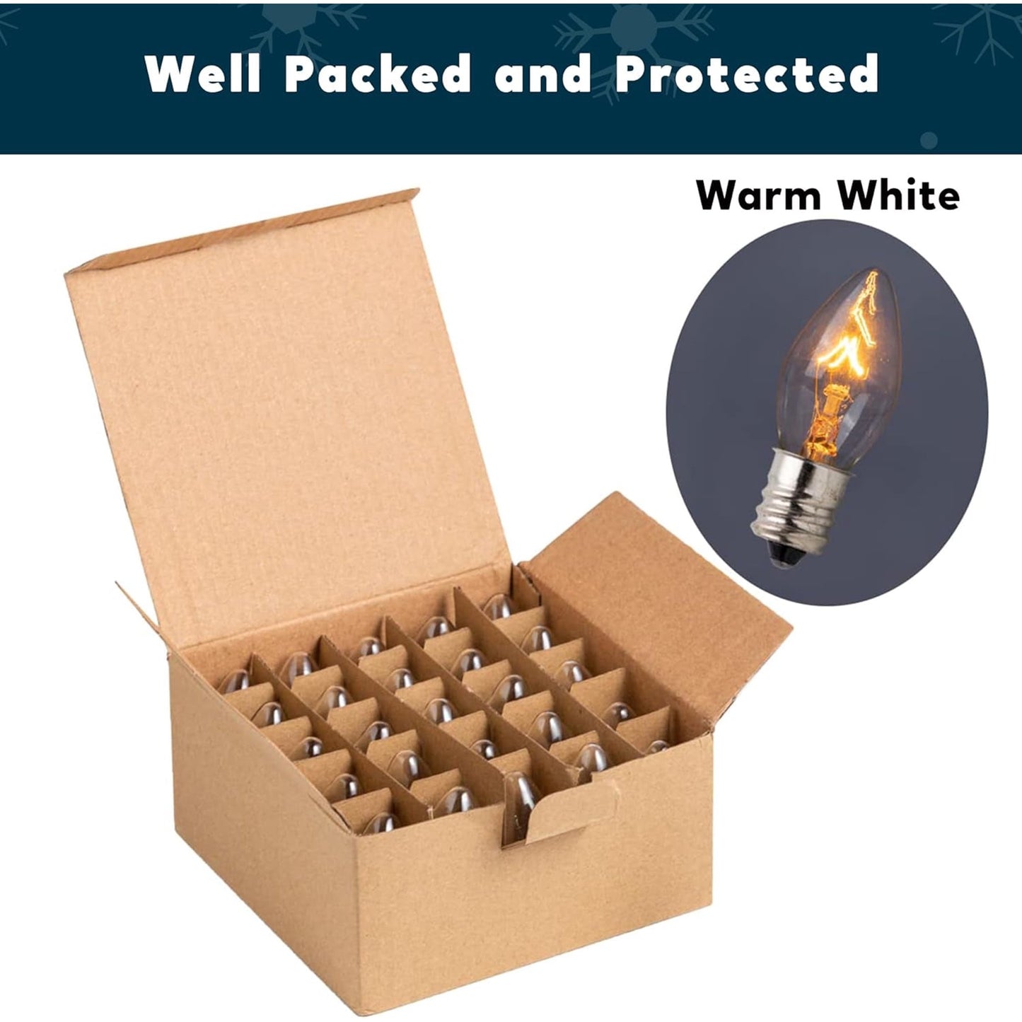 Joyfy 25 Pack C7 LED Replacement Christmas Light Bulbs,Shatterproof LED Bulbs for Christmas Indoor Outdoor String Lights,E12 Candelabra Base,Holiday Bulbs,Warm White