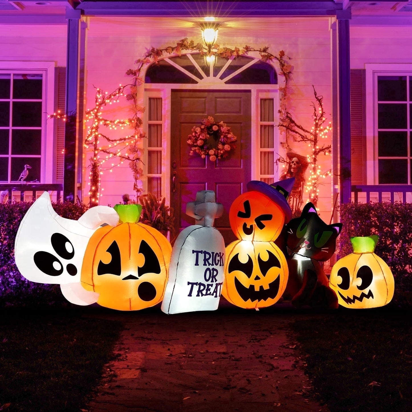 Joyfy 8 ft Halloween Inflatables Characters,Long Light Up Pumpkin Ghost Cat Tombstone Halloween Blow up Yard Decorations,Outdoor Halloween Decor