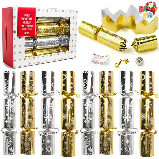 Joyfy 8 Pcs Christmas Crackers Party Favor Non-Snap Gold & Silver Snowflake Design Party Table Favors with Holiday Party Favor Supplies for Kids and Adults, Christmas Parties, Dinners & Holidays
