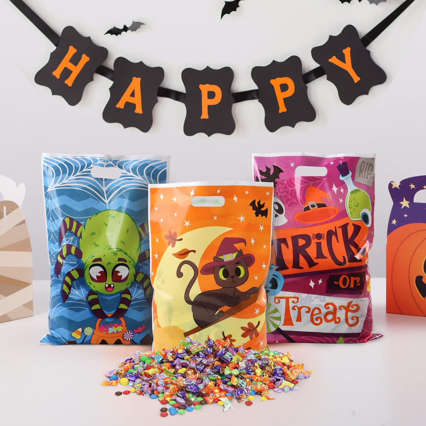 SYNCFUN 72 Pcs Halloween Treat Bags Goodie Bags Plastic Halloween Candy Bags Trick or Treat Creepy Designs Halloween Bags for Kids Trick or Treat,Classroom Goody Bags